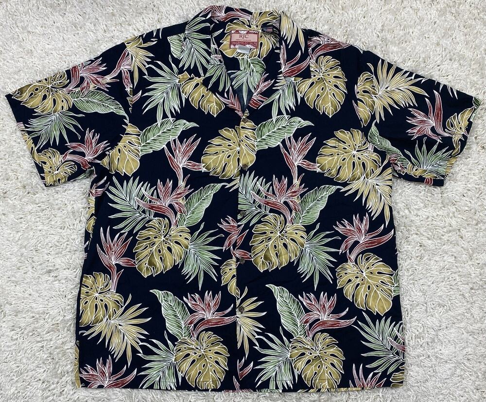 RJC Hawaiian Shirt Men's 2XL Black Tropical Floral Made in Hawaii USA Aloha